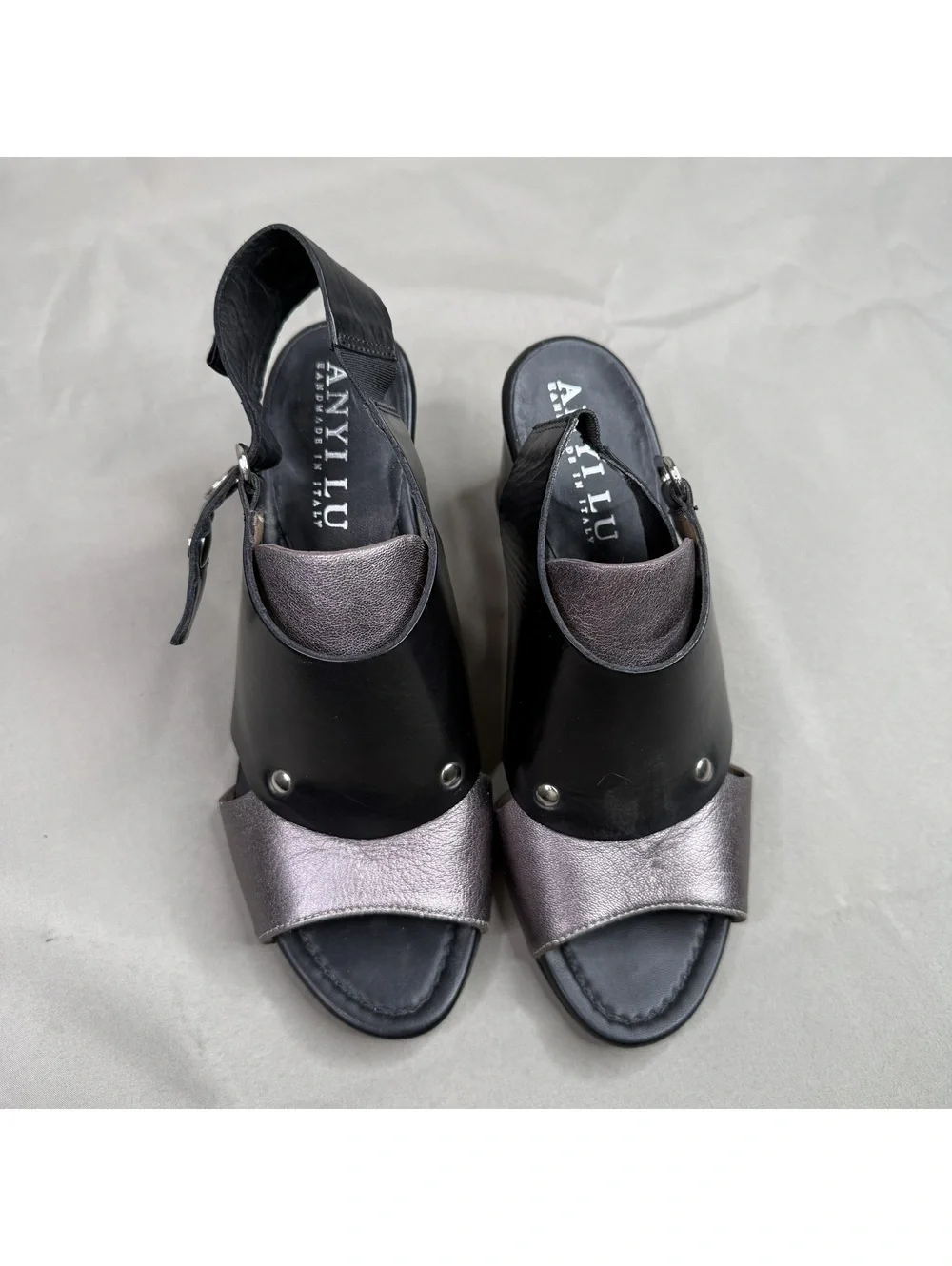 Anyi Lu Womens 35 EU Black Leather Block Heel Sandals Made in Italy